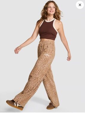 PINK Campus Leopard Print Wide-Leg split Drawstring Pants - Brown NWOT
